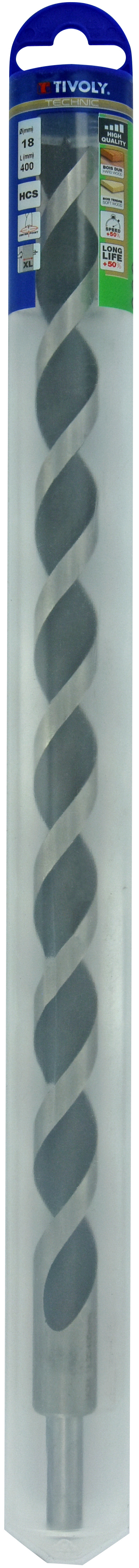 Foret bois 3 pointes L400mm -Queue cylindrique (Blister) / L: 400 Ø: 18 TIVOLY - 10800721800