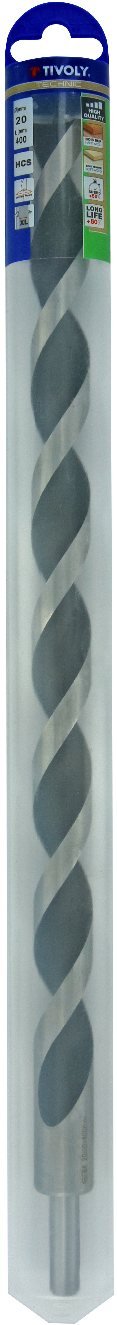 Foret bois 3 pointes L400mm -Queue cylindrique (Blister) / L: 400 Ø: 20 TIVOLY - 10800722000