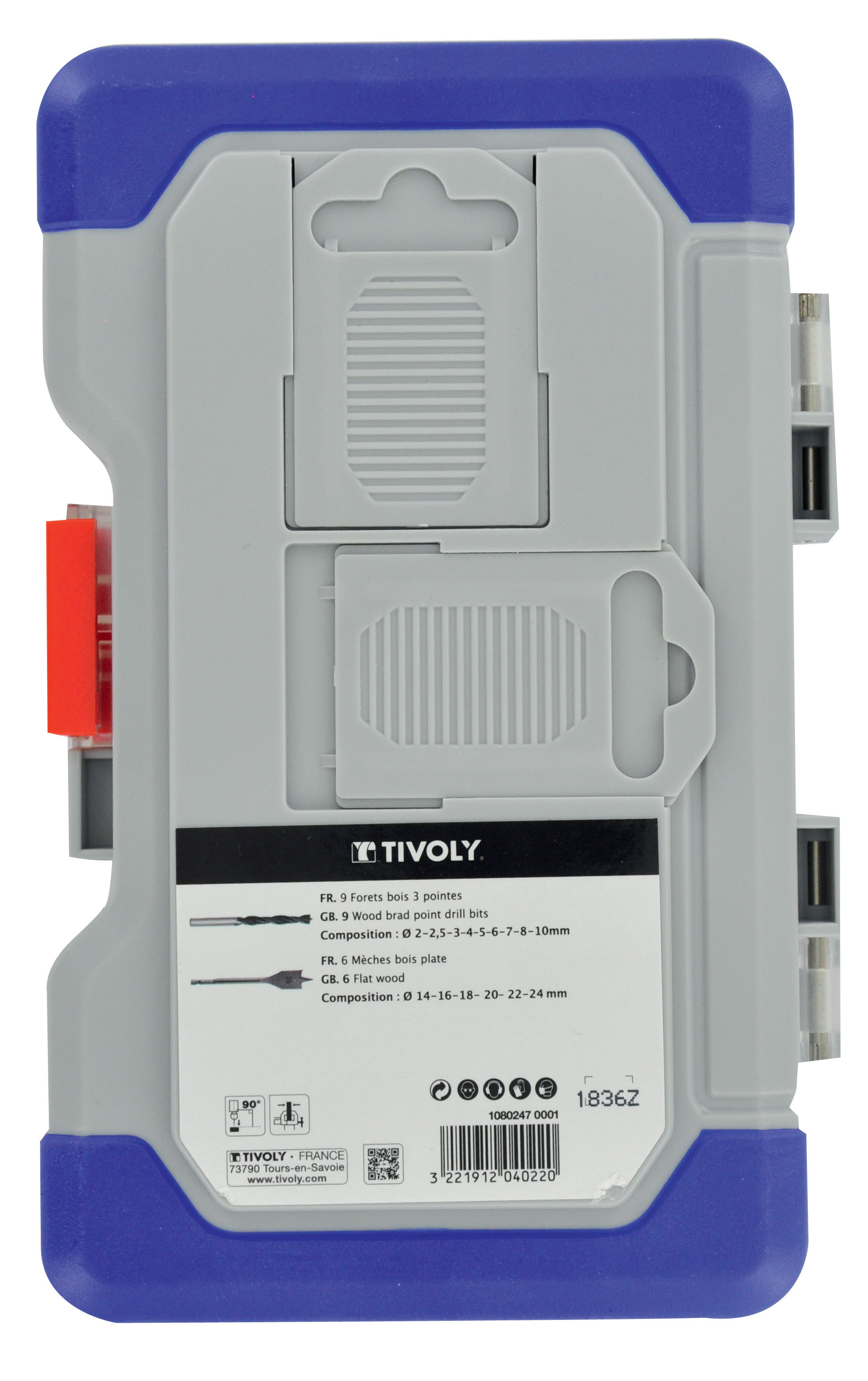 15 pièces -9 forets bois 3 pointes Ø 2 à 10mm + 6 méches bois plates Ø 14 à 24mm TIVOLY - 10802470001