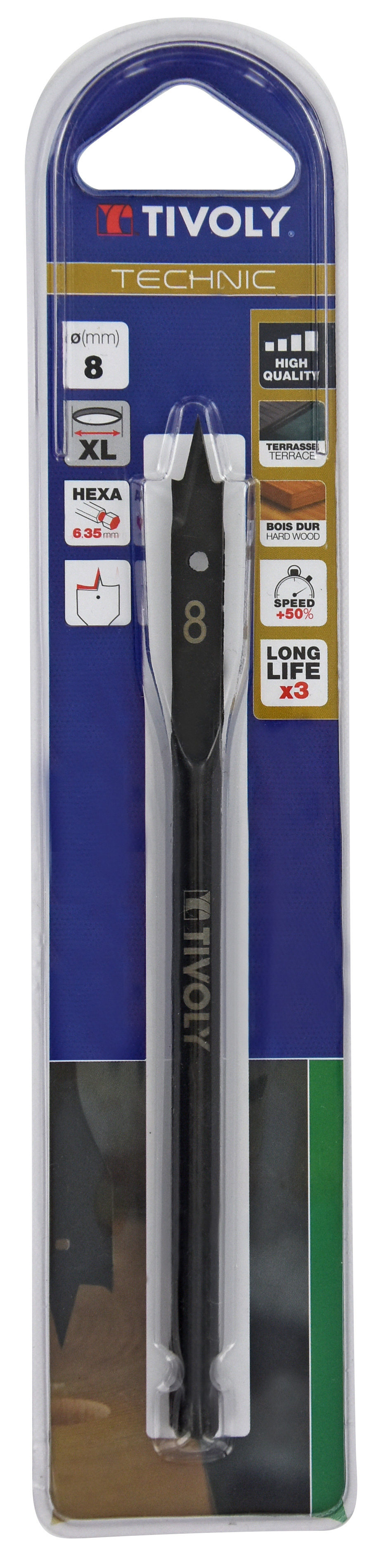 Mèche bois plate -Queue hexagonale -Corps renforcé (Blister) / L: 149 Ø: 8 TIVOLY - 10802520800