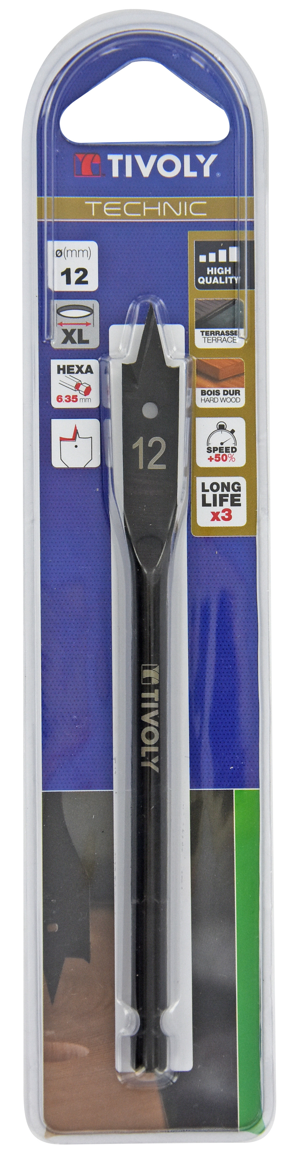 Mèche bois plate -Queue hexagonale -Corps renforcé (Blister) / L: 152 Ø: 12 TIVOLY - 10802521200