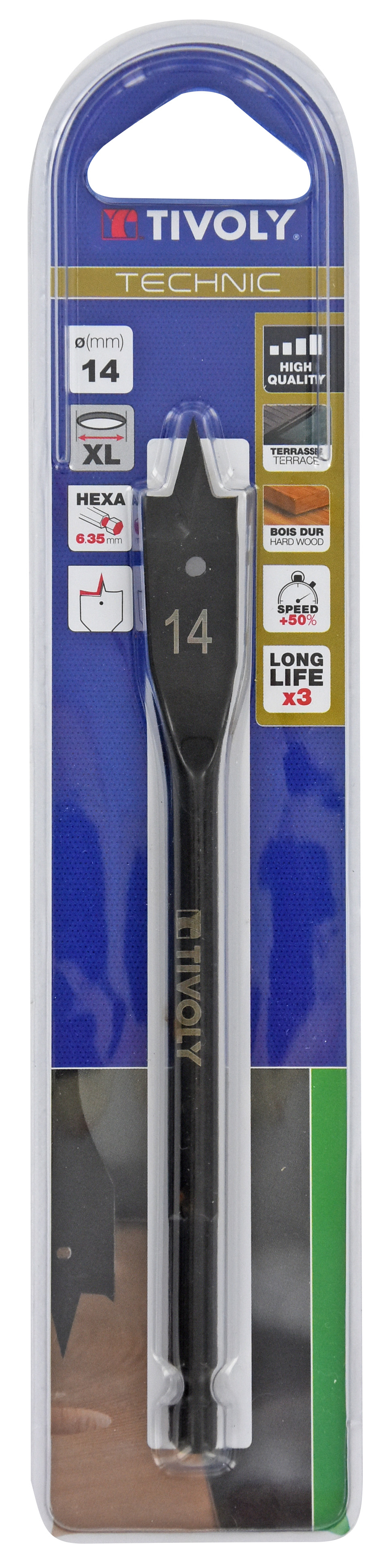 Mèche bois plate -Queue hexagonale -Corps renforcé (Blister) / L: 152 Ø: 14 TIVOLY - 10802521400