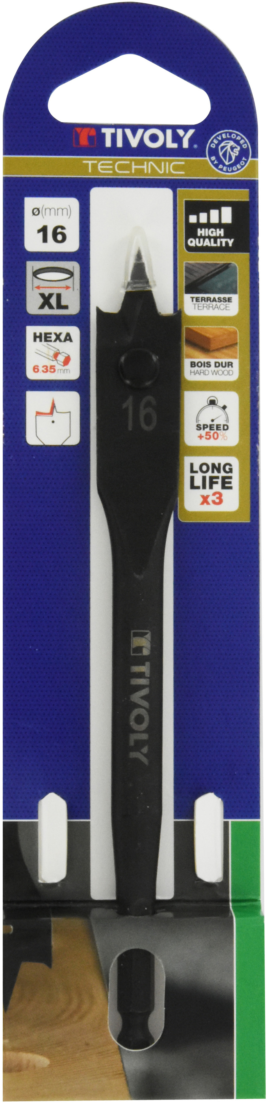 Mèche bois plate -Queue hexagonale -Corps renforcé (Blister) / L: 152 Ø: 16 TIVOLY - 10802521600