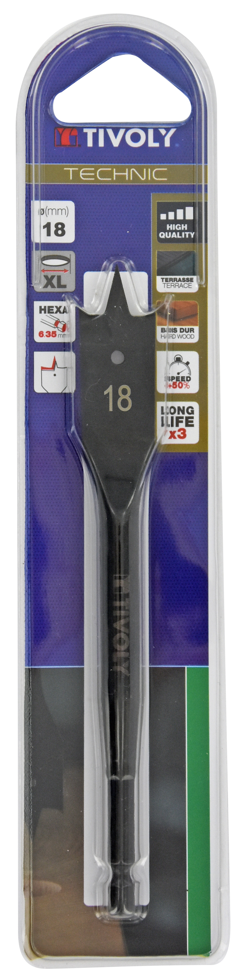 Mèche bois plate -Queue hexagonale -Corps renforcé (Blister) / L: 152 Ø: 18 TIVOLY - 10802521800