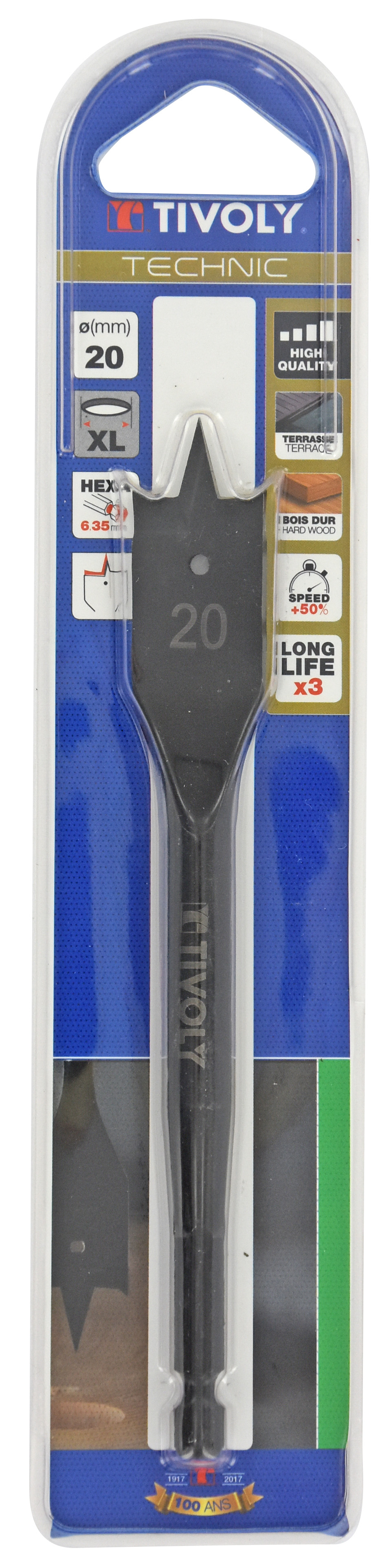 Mèche bois plate -Queue hexagonale -Corps renforcé (Blister) / L: 152 Ø: 20 TIVOLY - 10802522000