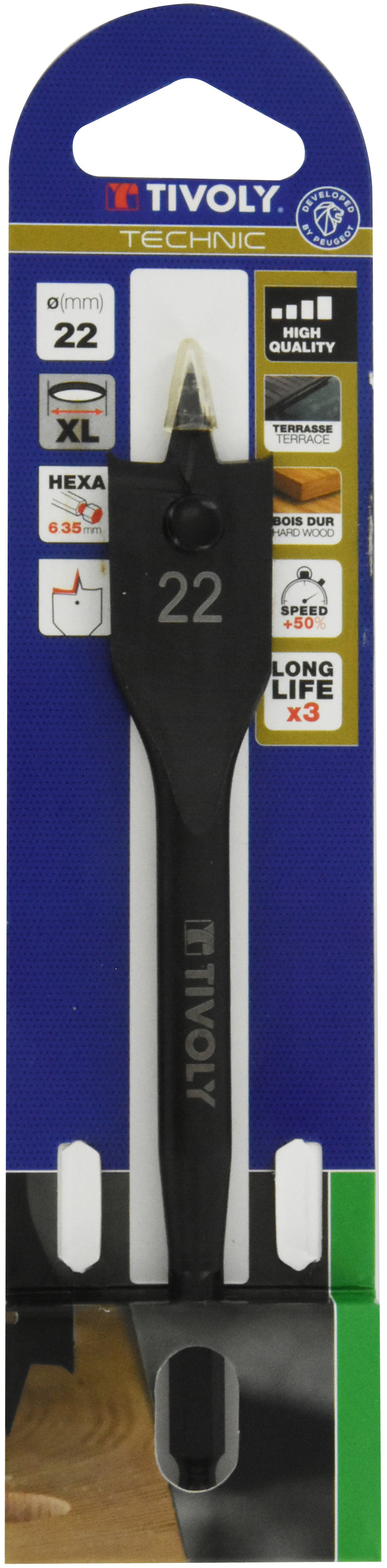 Mèche bois plate -Queue hexagonale -Corps renforcé (Blister) / L: 158 Ø: 22 TIVOLY - 10802522200