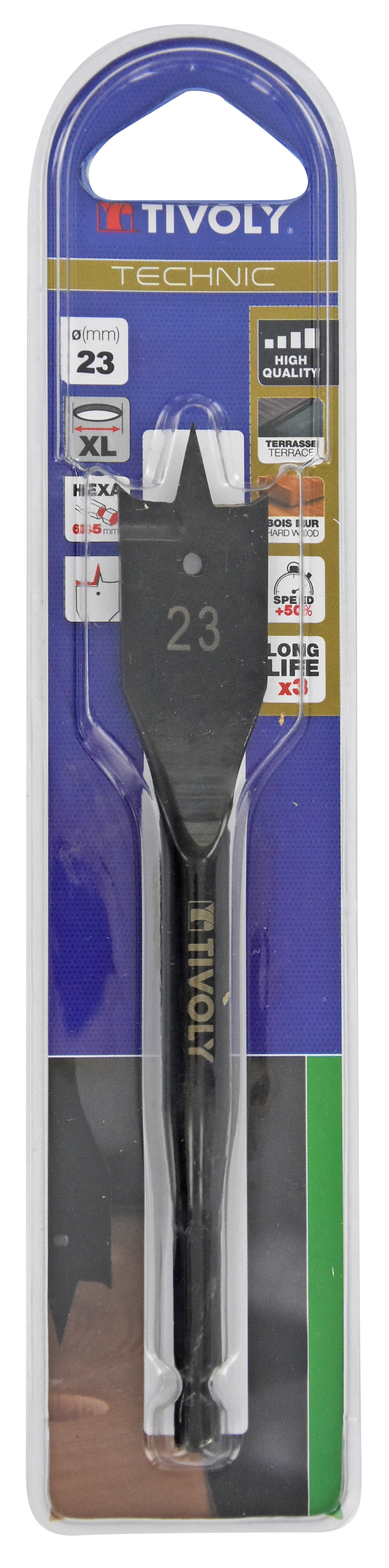 Mèche bois plate -Queue hexagonale -Corps renforcé (Blister) / L: 158 Ø: 23 TIVOLY - 10802522300