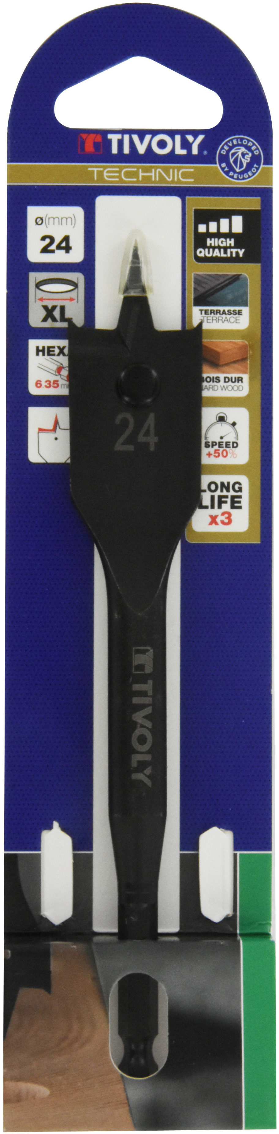 Mèche bois plate -Queue hexagonale -Corps renforcé (Blister) / L: 158 Ø: 24 TIVOLY - 10802522400