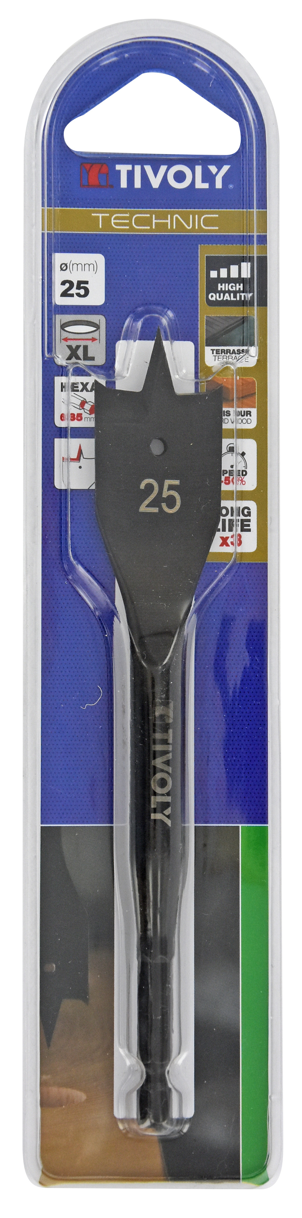 Mèche bois plate -Queue hexagonale -Corps renforcé (Blister) / L: 158 Ø: 25 TIVOLY - 10802522500