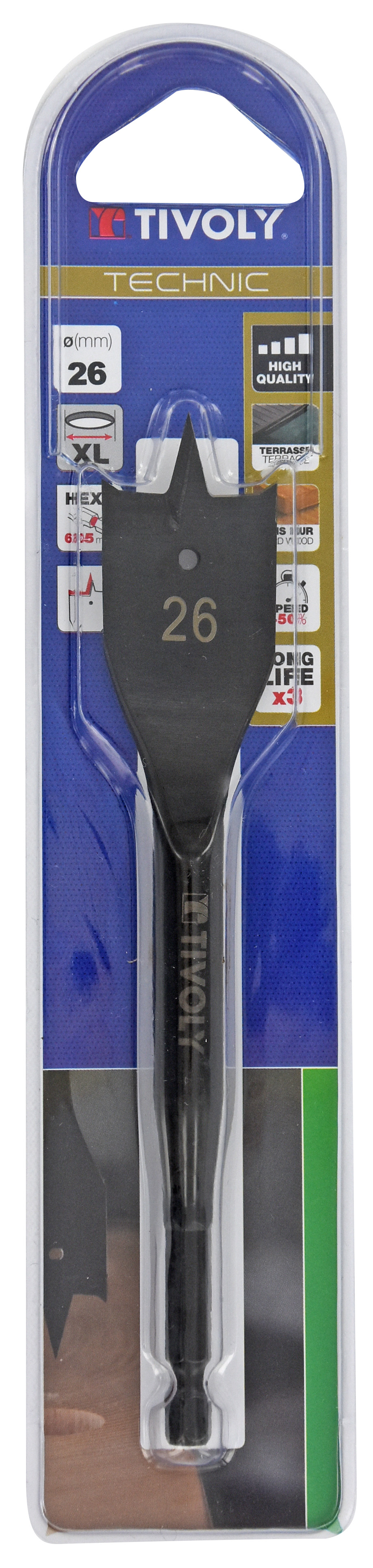 Mèche bois plate -Queue hexagonale -Corps renforcé (Blister) / L: 158 Ø: 26 TIVOLY - 10802522600