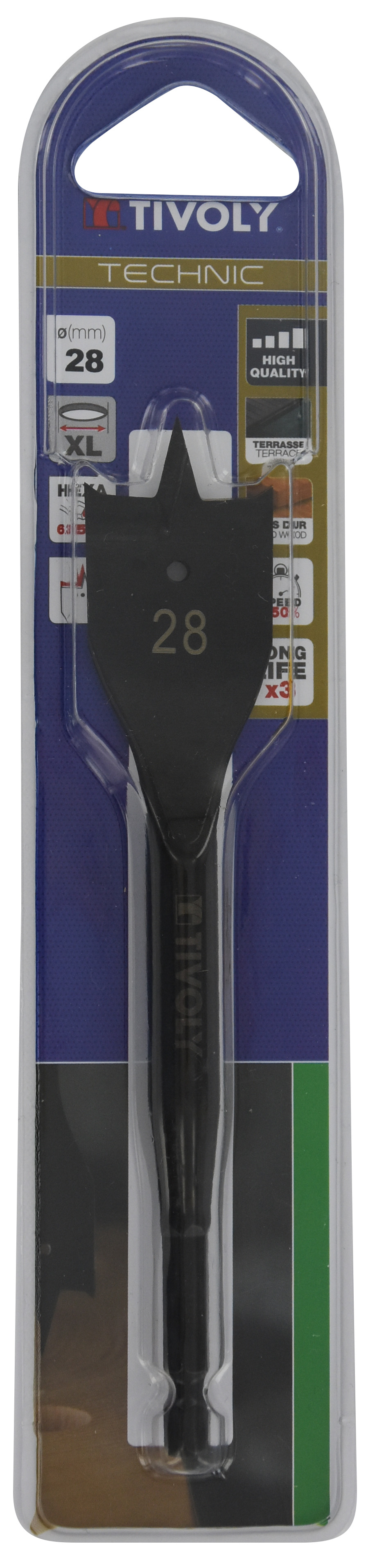 Mèche bois plate -Queue hexagonale -Corps renforcé (Blister) / L: 164 Ø: 28 TIVOLY - 10802522800