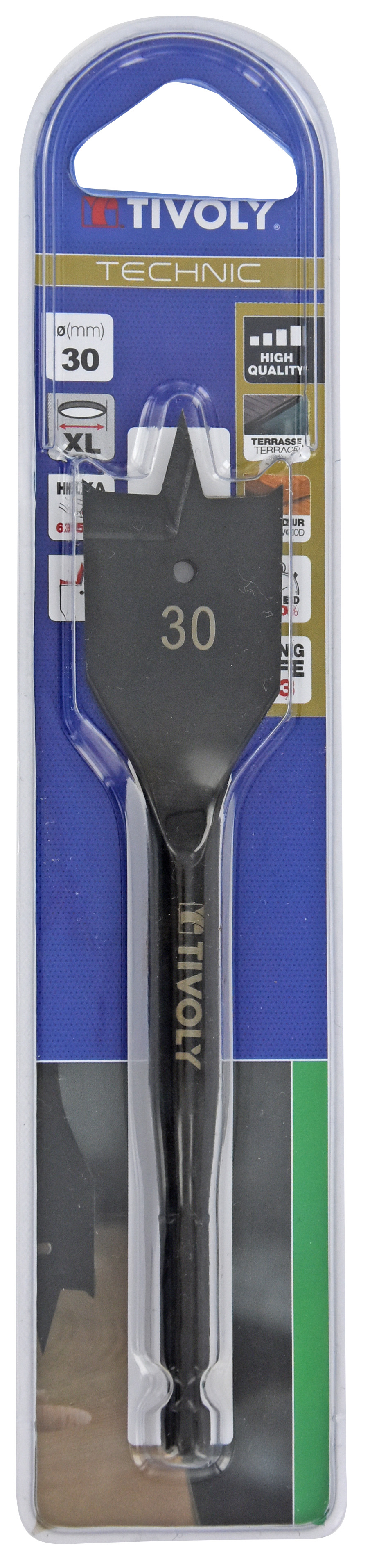 Mèche bois plate -Queue hexagonale -Corps renforcé (Blister) / L: 164 Ø: 30 TIVOLY - 10802523000