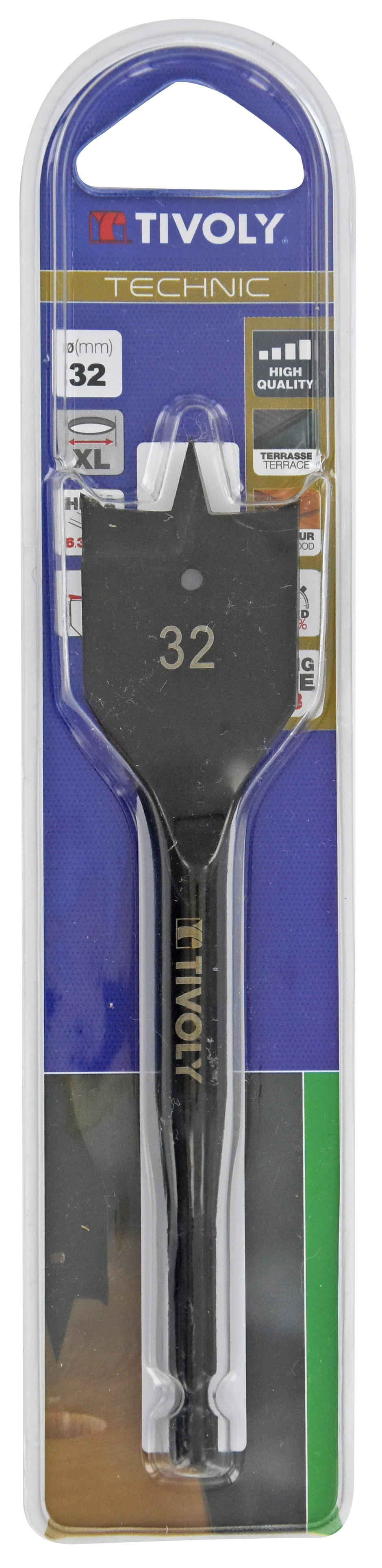 Mèche bois plate -Queue hexagonale -Corps renforcé (Blister) / L: 164 Ø: 32 TIVOLY - 10802523200