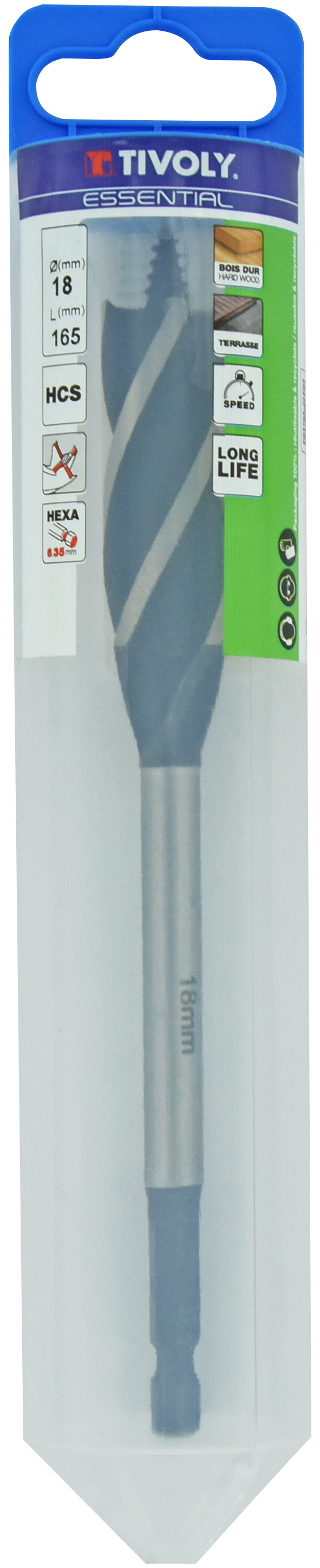 Foret bois 4 taillants -Queue hexagonale (Blister) / L: 165 Ø: 18 TIVOLY - 10802721800