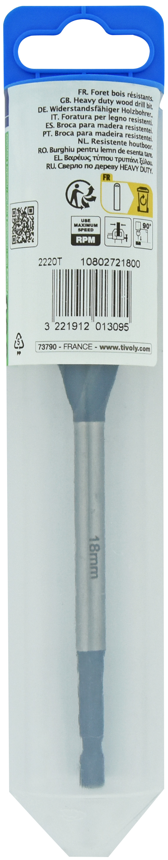 Foret bois 4 taillants -Queue hexagonale (Blister) / L: 165 Ø: 18 TIVOLY - 10802721800