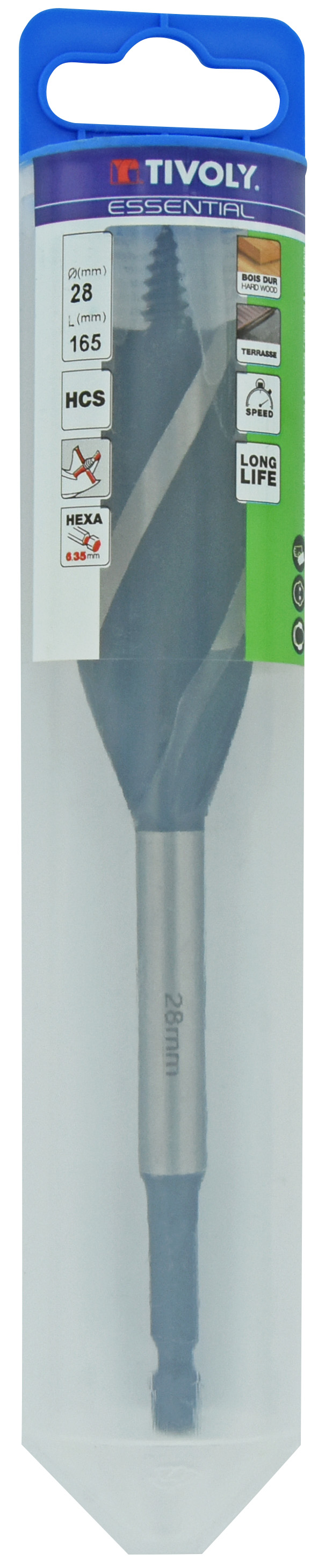 Foret bois 4 taillants -Queue hexagonale (Blister) / L: 165 Ø: 28 TIVOLY - 10802722800
