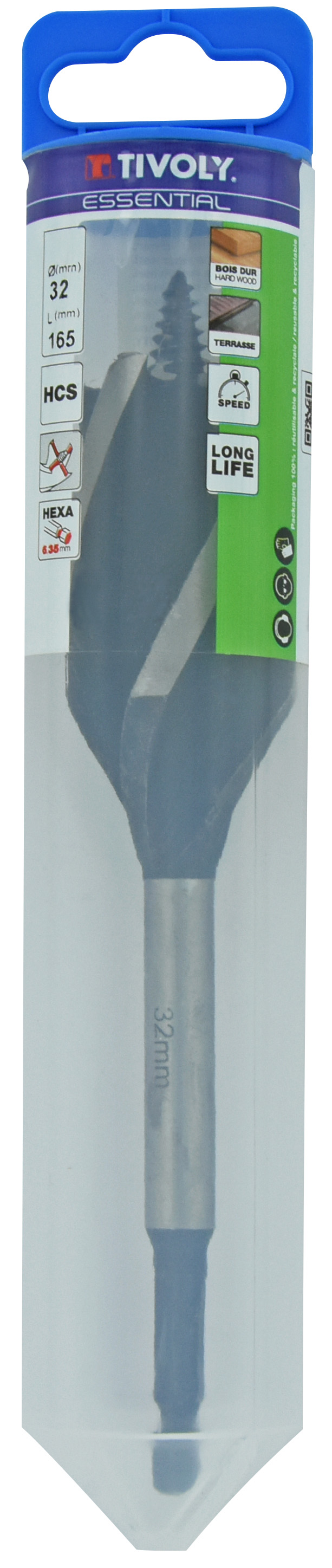 Foret bois 4 taillants -Queue hexagonale (Blister) / L: 165 Ø: 32 TIVOLY - 10802723200