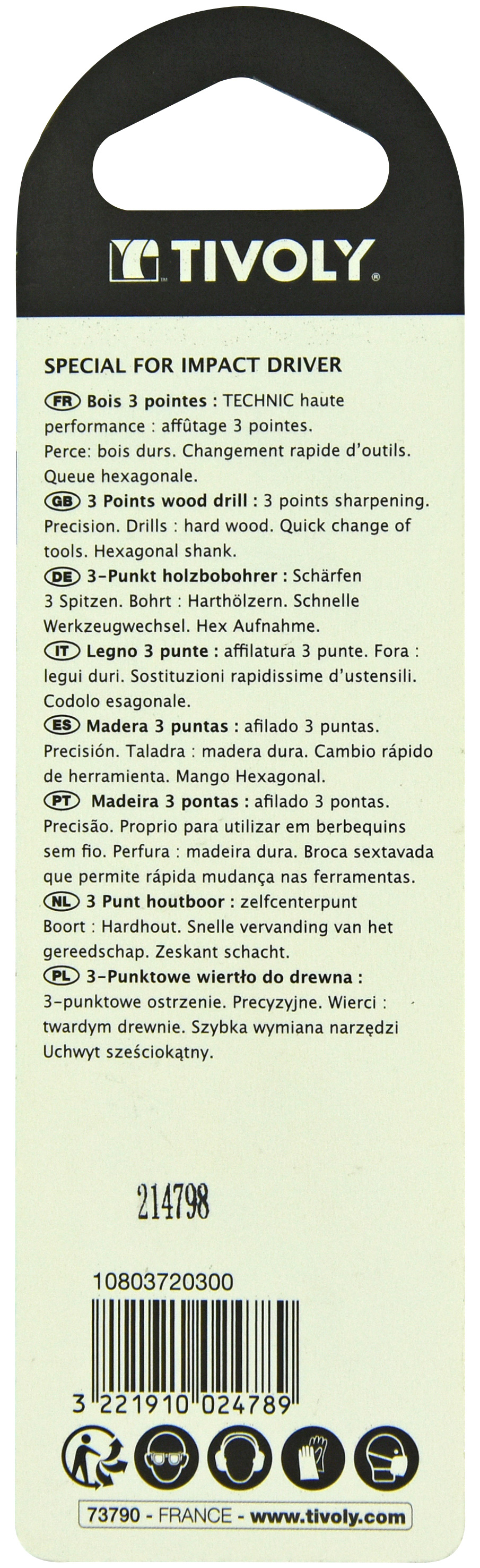 Foret bois 3 pointes Shock Serie -Queue hexagonale (Blister) / L: 80 Ø: 3 TIVOLY - 10803720300