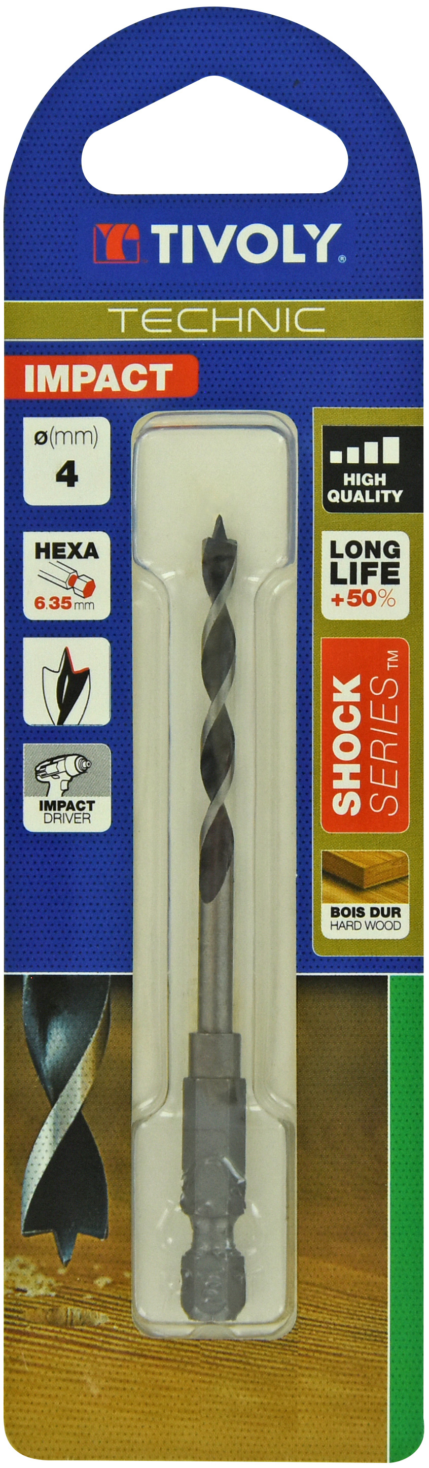 Foret bois 3 pointes Shock Serie -Queue hexagonale (Blister) / L: 94 Ø: 4 TIVOLY - 10803720400
