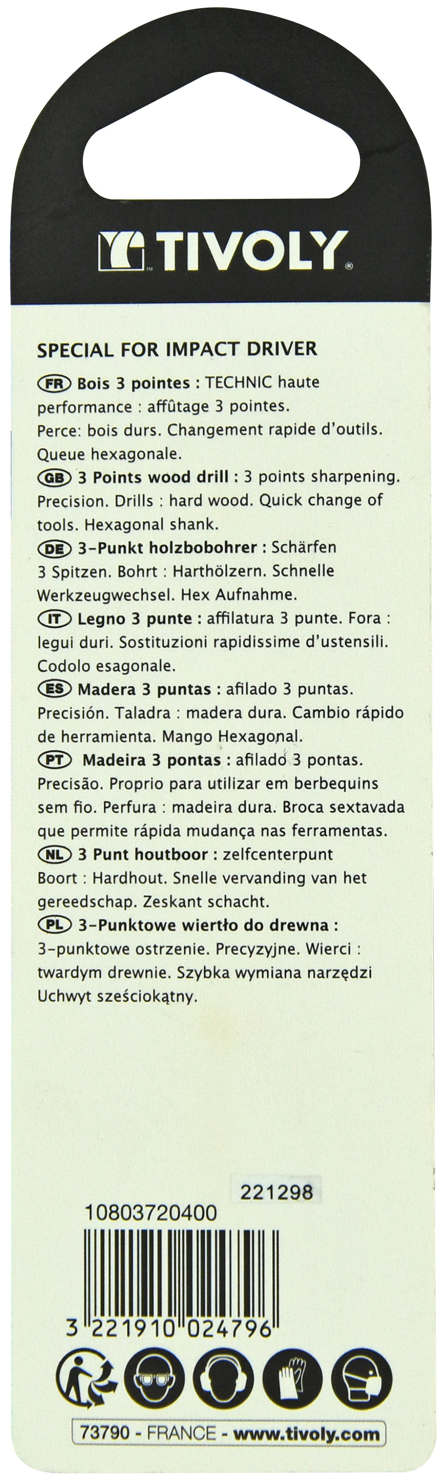 Foret bois 3 pointes Shock Serie -Queue hexagonale (Blister) / L: 94 Ø: 4 TIVOLY - 10803720400