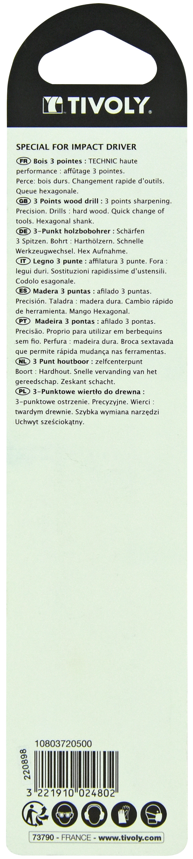 Foret bois 3 pointes Shock Serie -Queue hexagonale (Blister) / L: 105 Ø: 5 TIVOLY - 10803720500