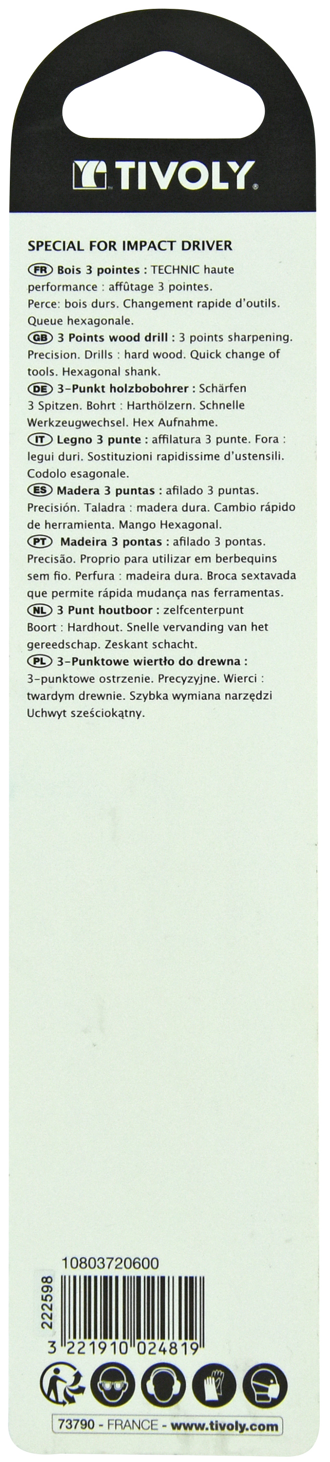 Foret bois 3 pointes Shock Serie -Queue hexagonale (Blister) / L: 112 Ø: 6 TIVOLY - 10803720600