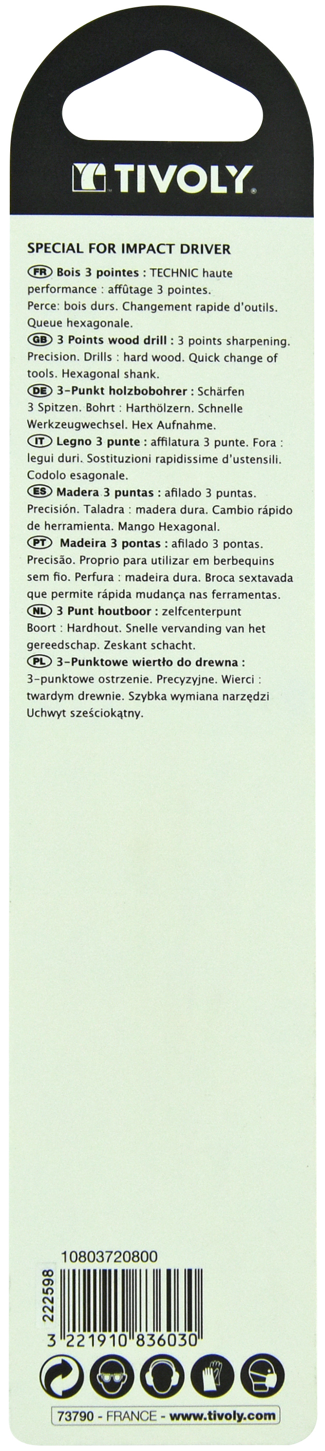 Foret bois 3 pointes Shock Serie -Queue hexagonale (Blister) / L: 117 Ø: 8 TIVOLY - 10803720800