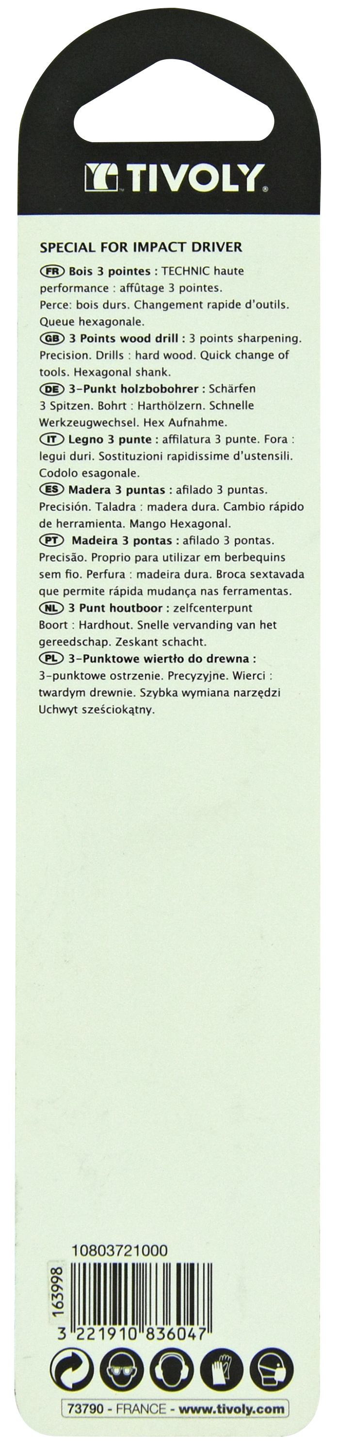 Foret bois 3 pointes Shock Serie -Queue hexagonale (Blister) / L: 133 Ø: 10 TIVOLY - 10803721000