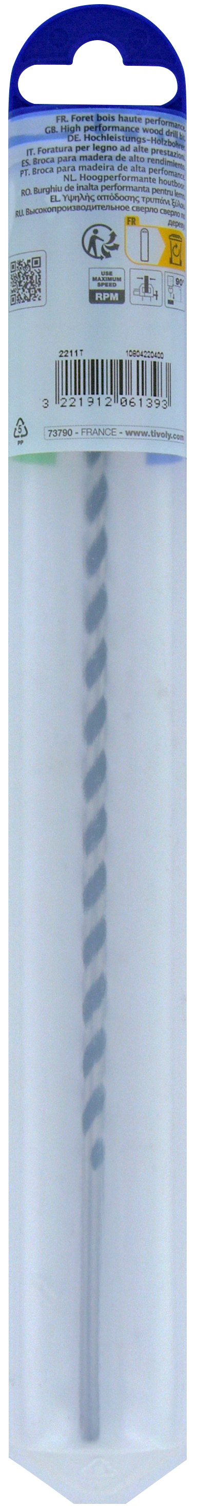 Foret bois 3 pointes L250mm -Queue cylindrique (Blister) / L: 250 Ø: 4 TIVOLY - 10804220400