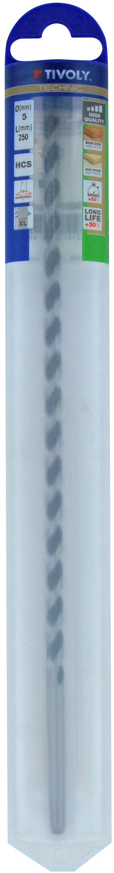 Foret bois 3 pointes L250mm -Queue cylindrique (Blister) / L: 250 Ø: 5 TIVOLY - 10804220500