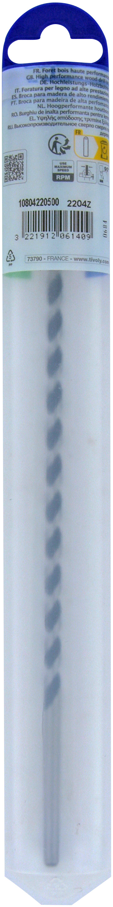 Foret bois 3 pointes L250mm -Queue cylindrique (Blister) / L: 250 Ø: 5 TIVOLY - 10804220500