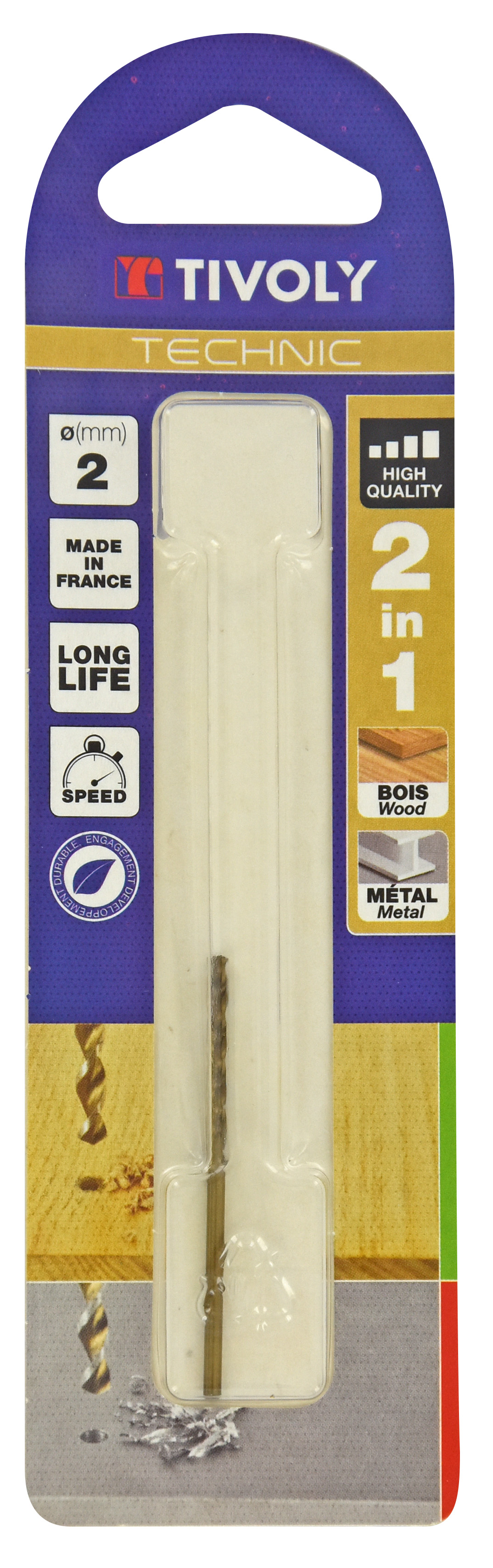 Foret 2 en 1 HSS Bois/Métaux -Pointe en croix -Goujures grand dégagement / L: 49 Ø: 2 TIVOLY - 10804420200