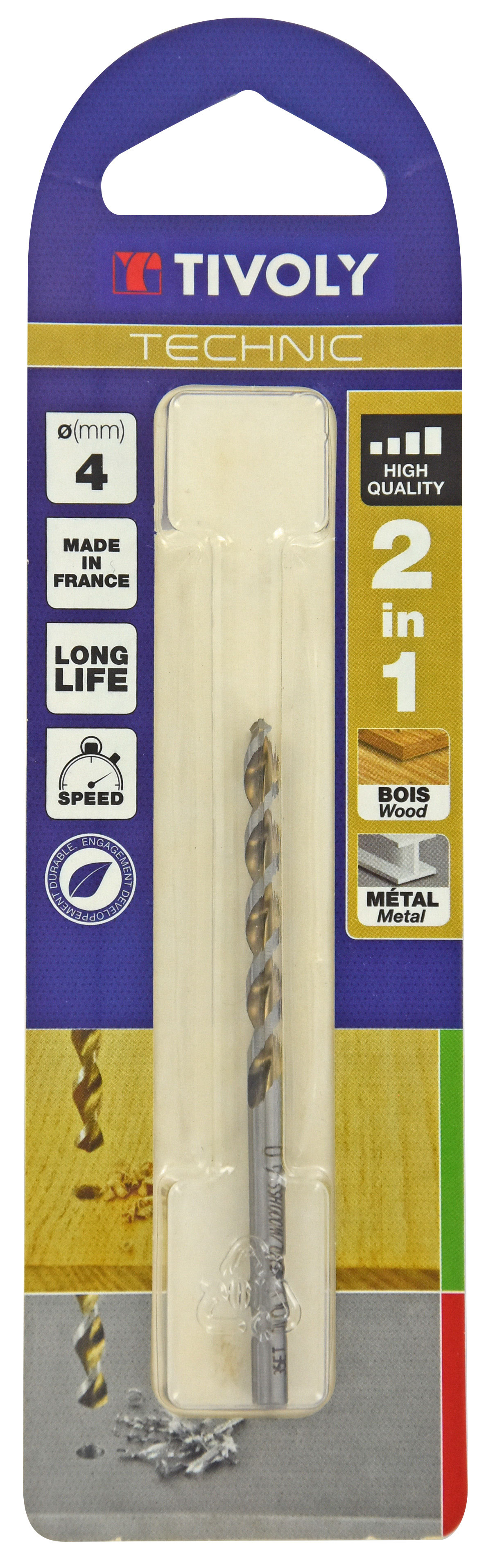 Foret 2 en 1 HSS Bois/Métaux -Pointe en croix -Goujures grand dégagement / L: 75 Ø: 4 TIVOLY - 10804420400