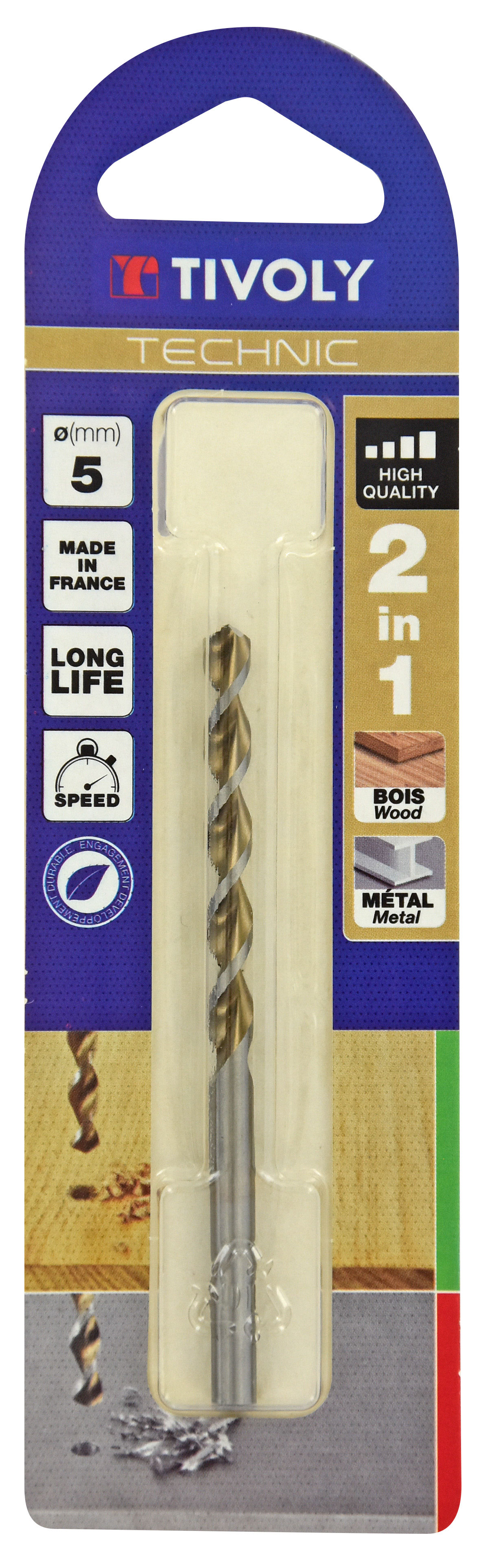 Foret 2 en 1 HSS Bois/Métaux -Pointe en croix -Goujures grand dégagement / L: 86 Ø: 5 TIVOLY - 10804420500