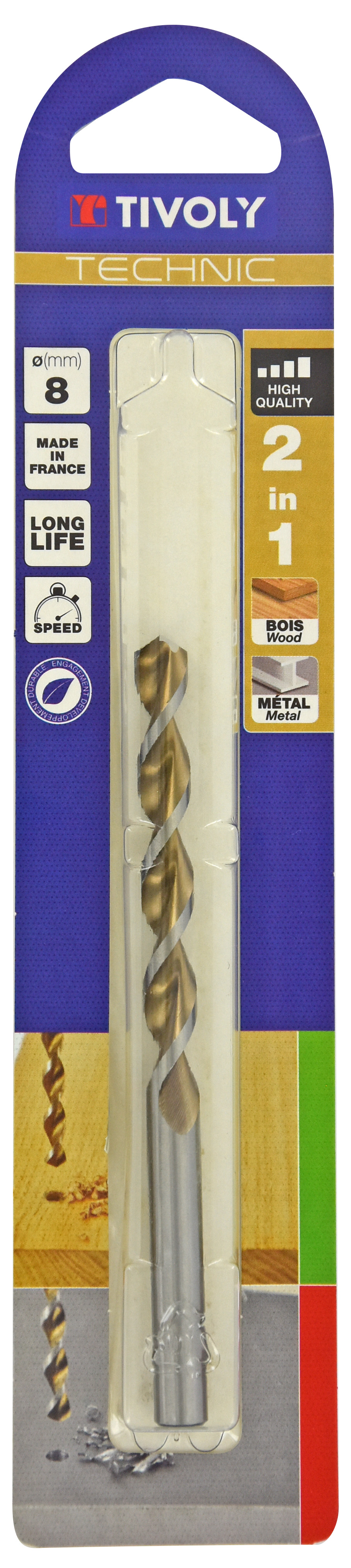 Foret 2 en 1 HSS Bois/Métaux -Pointe en croix -Goujures grand dégagement / L: 117 Ø: 8 TIVOLY - 10804420800
