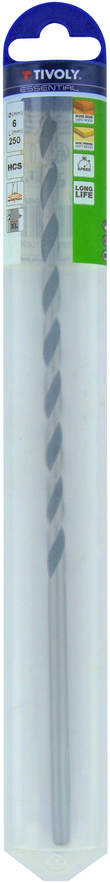 Foret bois 3 pointes L250mm -Queue cylindrique (Blister) / L: 250 Ø: 6 TIVOLY - 10804520600