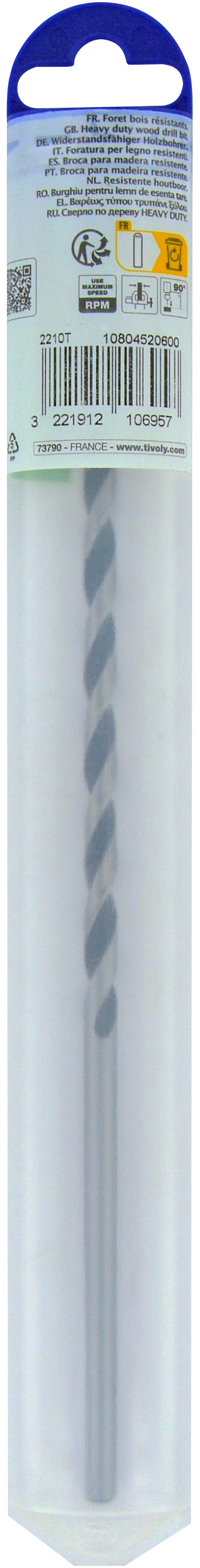 Foret bois 3 pointes L250mm -Queue cylindrique (Blister) / L: 250 Ø: 6 TIVOLY - 10804520600