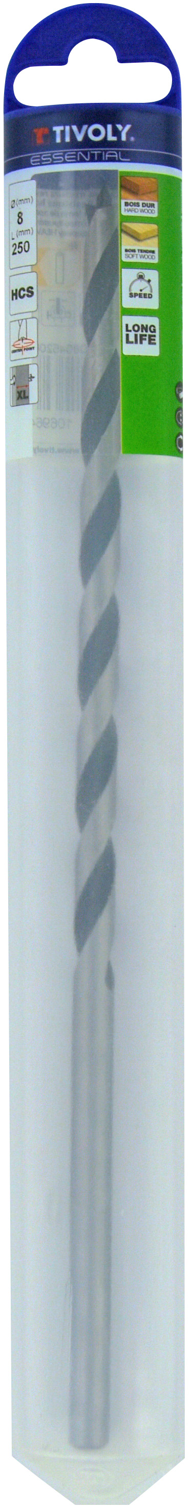 Foret bois 3 pointes L250mm -Queue cylindrique (Blister) / L: 250 Ø: 8 TIVOLY - 10804520800