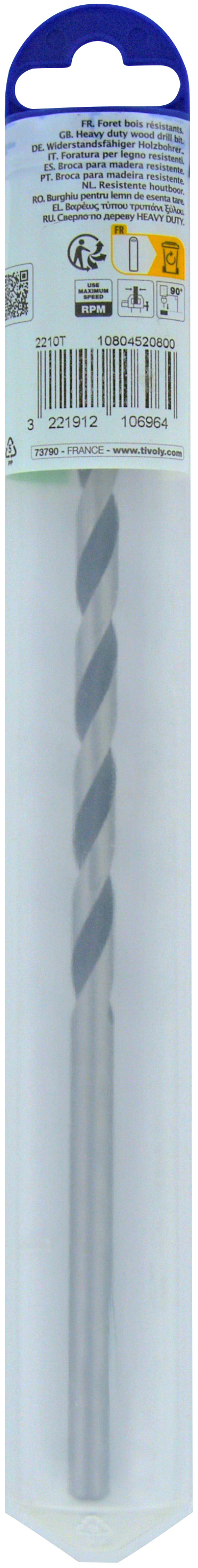 Foret bois 3 pointes L250mm -Queue cylindrique (Blister) / L: 250 Ø: 8 TIVOLY - 10804520800