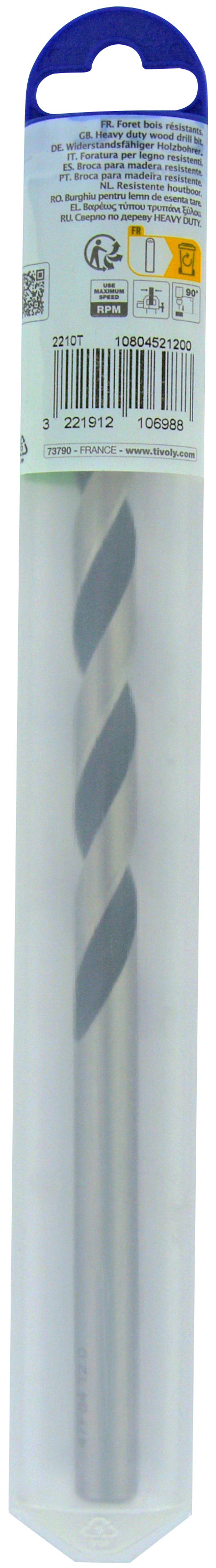 Foret bois 3 pointes L250mm -Queue cylindrique (Blister) / L: 250 Ø: 12 TIVOLY - 10804521200