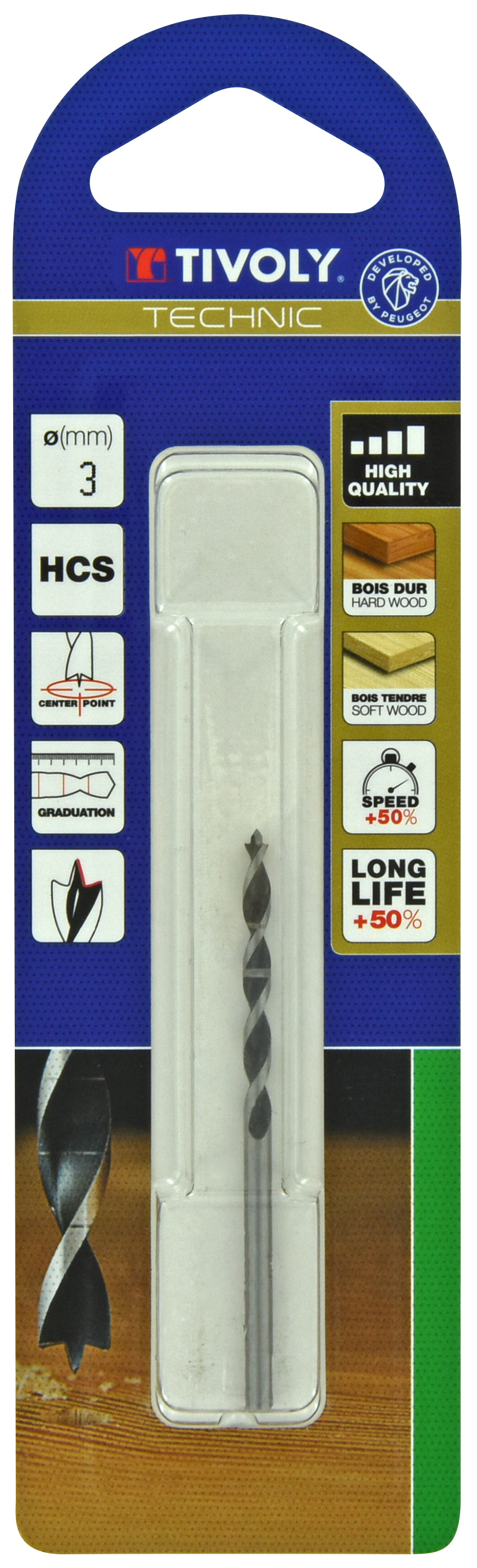 Foret bois 3 pointes -Queue cylindrique -Gradué SLR (Blister) / L: 61 Ø: 3 TIVOLY - 10863820300