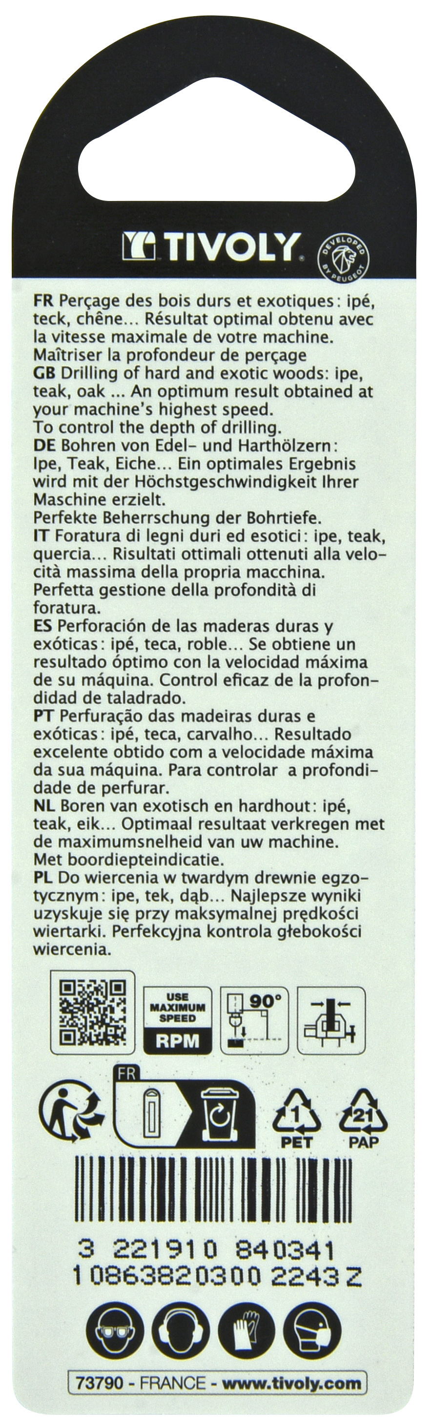 Foret bois 3 pointes -Queue cylindrique -Gradué SLR (Blister) / L: 61 Ø: 3 TIVOLY - 10863820300