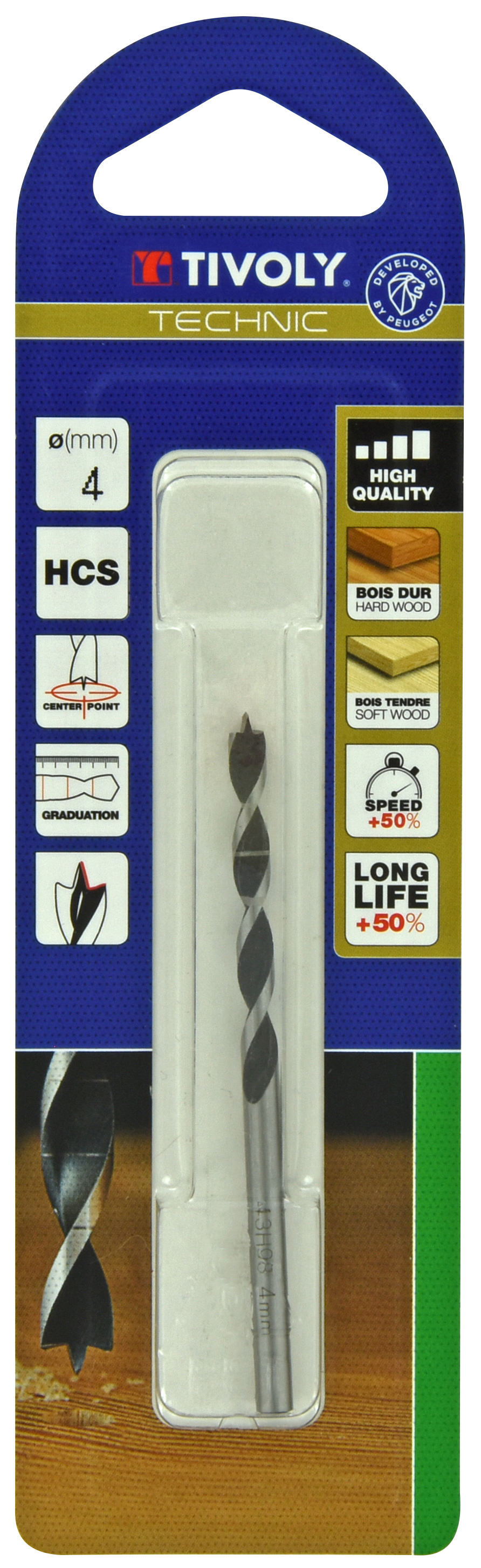 Foret bois 3 pointes -Queue cylindrique -Gradué SLR (Blister) / L: 75 Ø: 4 TIVOLY - 10863820400