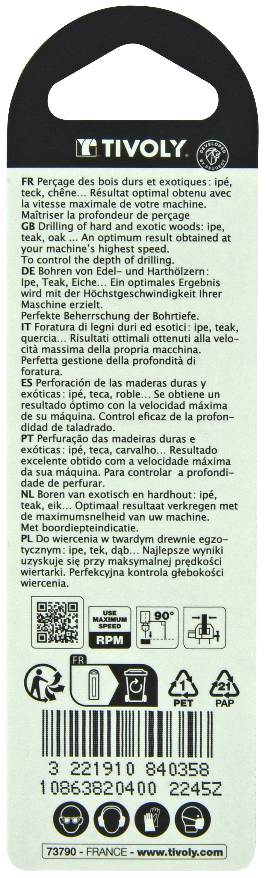 Foret bois 3 pointes -Queue cylindrique -Gradué SLR (Blister) / L: 75 Ø: 4 TIVOLY - 10863820400