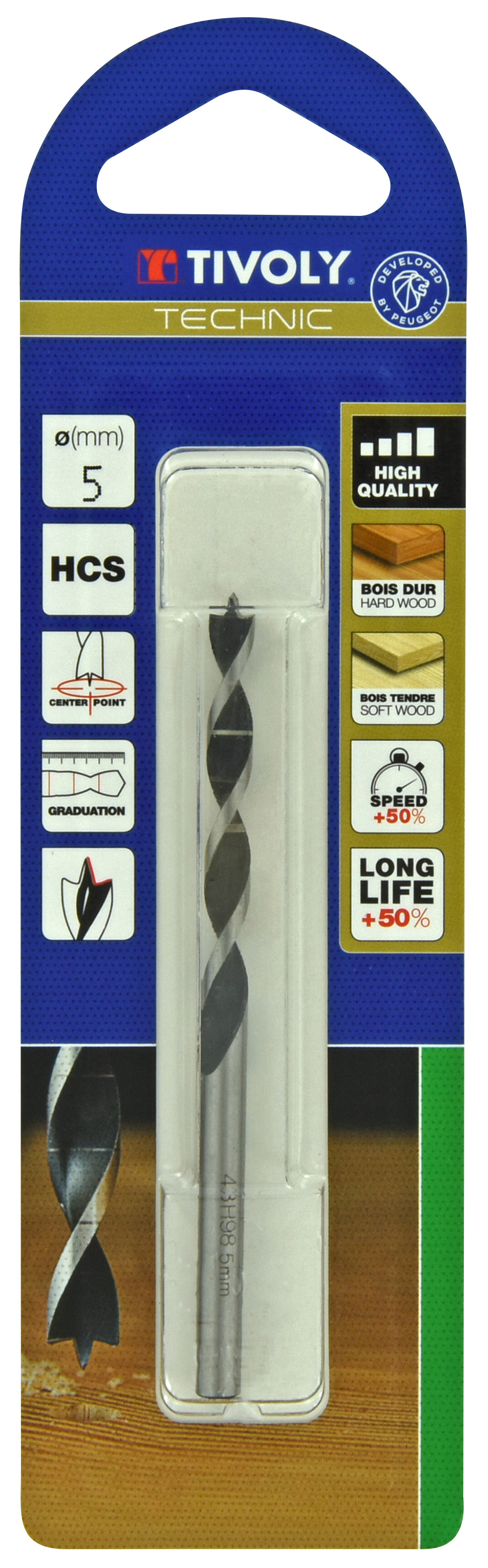 Foret bois 3 pointes -Queue cylindrique -Gradué SLR (Blister) / L: 86 Ø: 5 TIVOLY - 10863820500