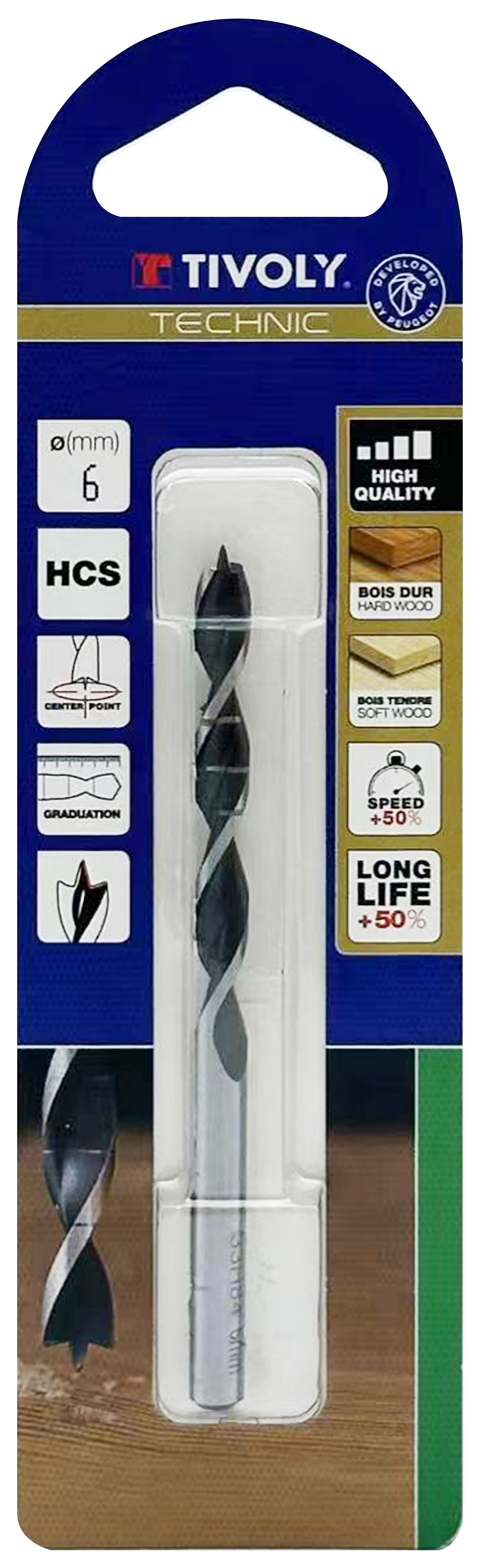 Foret bois 3 pointes -Queue cylindrique -Gradué SLR (Blister) / L: 93 Ø: 6 TIVOLY - 10863820600