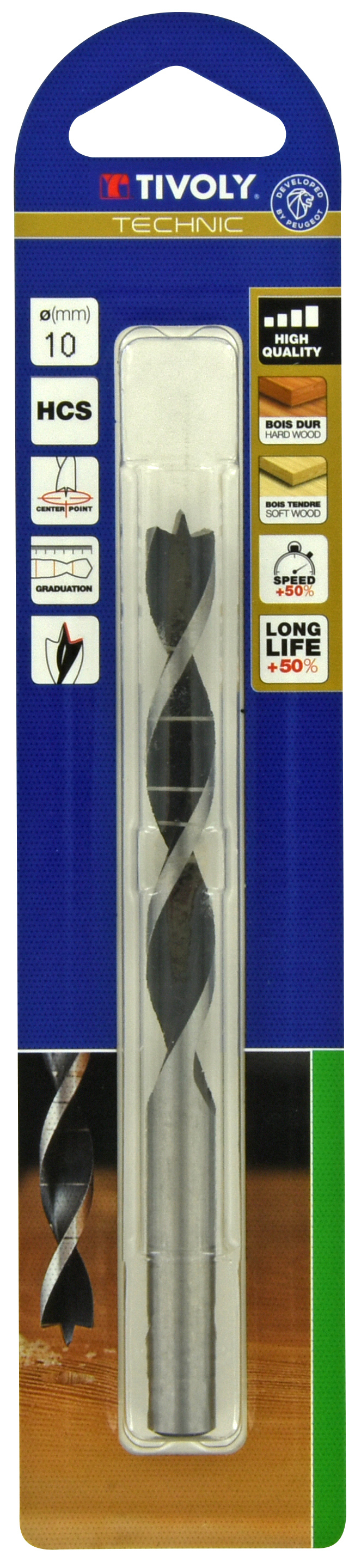 Foret bois 3 pointes -Queue cylindrique -Gradué SLR (Blister) / L: 133 Ø: 10 TIVOLY - 10863821000