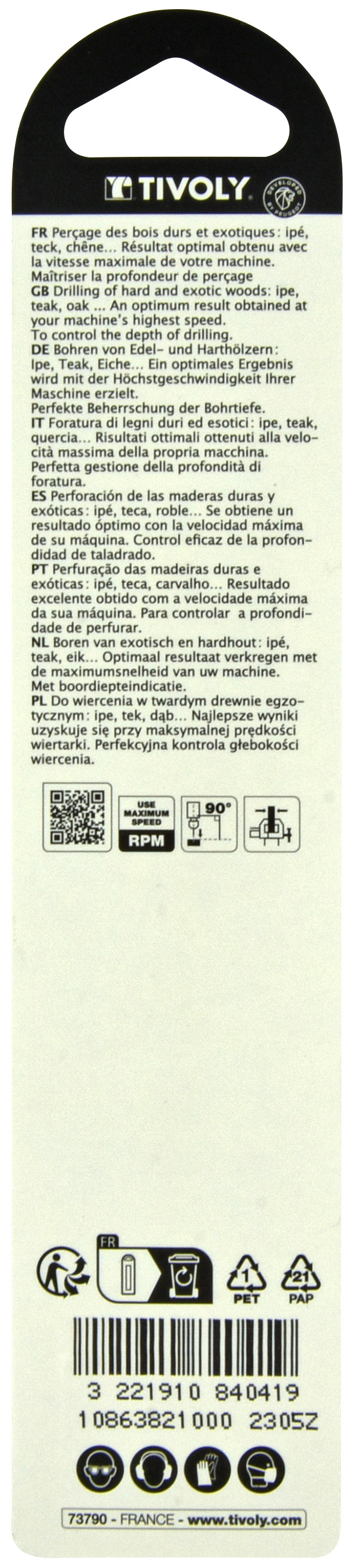 Foret bois 3 pointes -Queue cylindrique -Gradué SLR (Blister) / L: 133 Ø: 10 TIVOLY - 10863821000