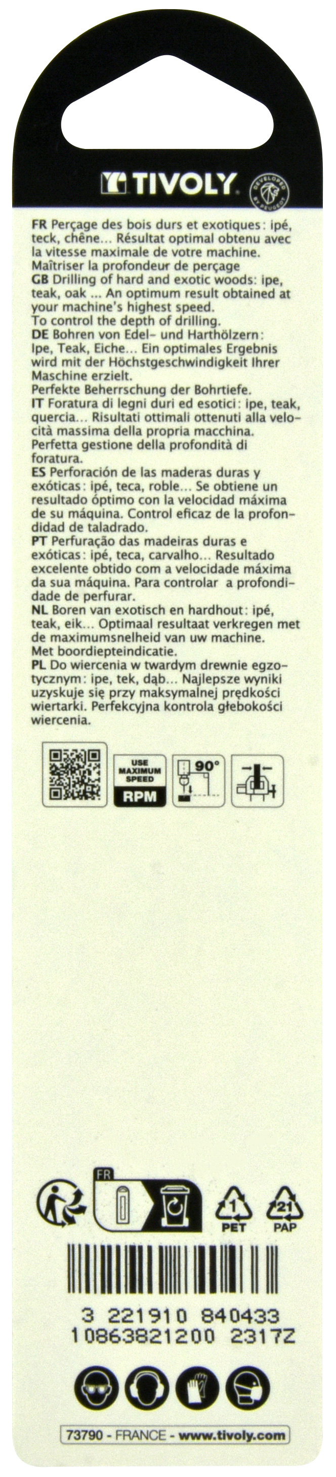 Foret bois 3 pointes -Queue cylindrique -Gradué SLR (Blister) / L: 151 Ø: 12 TIVOLY - 10863821200
