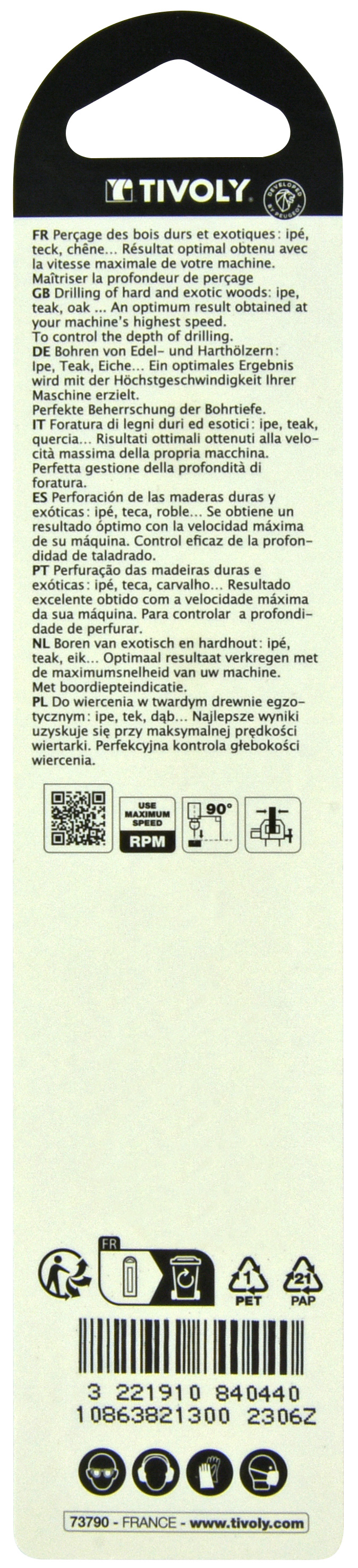 Foret bois 3 pointes -Queue cylindrique -Gradué SLR (Blister) / L: 151 Ø: 13 TIVOLY - 10863821300